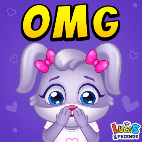 A purple cartoon pony clasps its hands beneath a bright “OMG.”