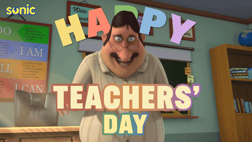 a happy teachers day poster with a cartoon character