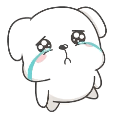 A white cartoon dog sheds large blue tears.