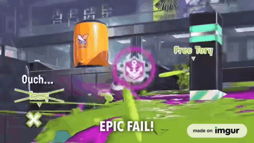 A Splatoon 3 battle scene shows “Ouch...” and “EPIC FAIL!” captions.