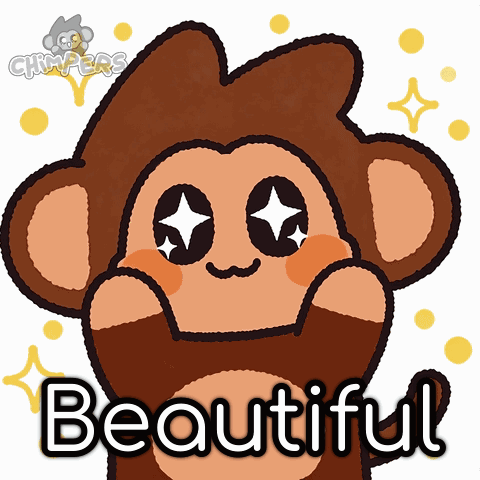 A cute brown cartoon monkey clasps its hands under “Beautiful” text.