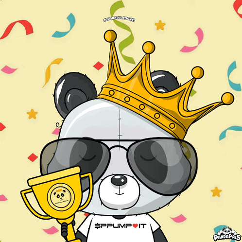a panda bear wearing a crown and sunglasses is holding a trophy and says congratulations