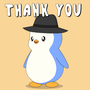 A blue penguin in a black hat stands below “THANK YOU.”