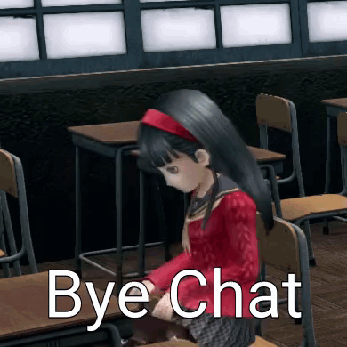 a girl is sitting at a desk in a classroom with the words bye chat written on the bottom .
