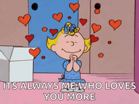 a cartoon of a girl with hearts coming out of her eyes and the words it 's always me who loves you more