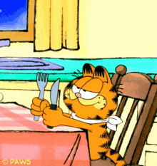 Garfield sits at a dining table holding a fork and knife.