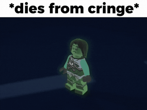 two lego figures are glowing in the dark with the caption " dies from cringe " above them