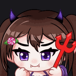 a cartoon girl with horns is holding a red trident in her hand