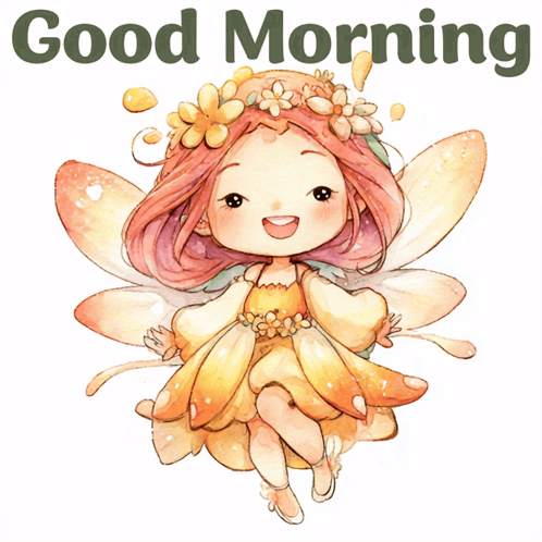 A smiling flower fairy sits beneath large “Good Morning” text.