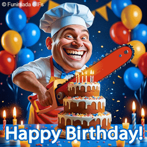 a chef with a chainsaw is cutting a birthday cake