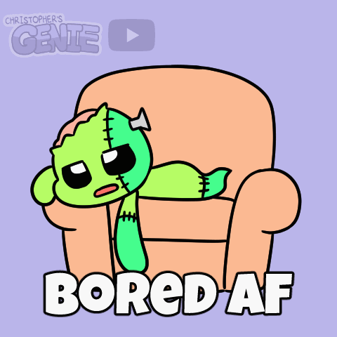 a cartoon of a monster sitting in a chair with the words bored af