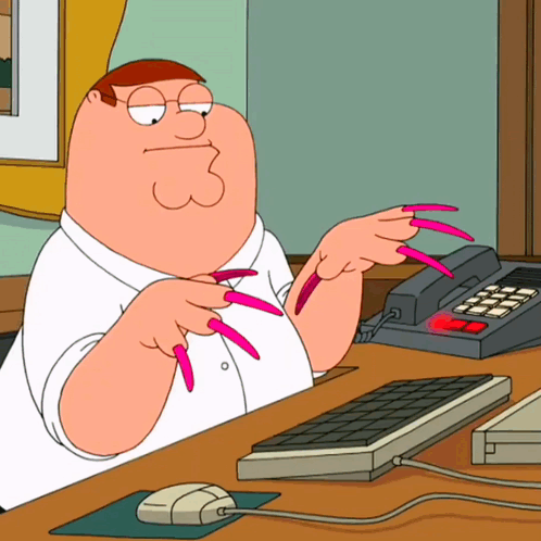 peter griffin from family guy is sitting at a desk with his nails painted pink