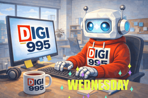 a robot is typing on a keyboard with a mug that says digi 985 on it