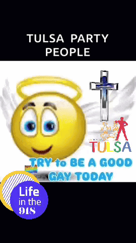 a poster for tulsa party people with a yellow smiley face and a cross