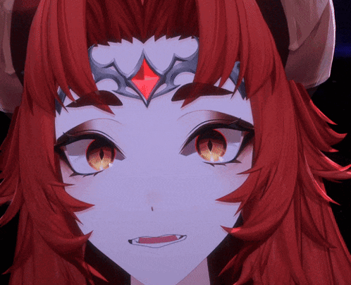 a close up of a girl 's face with red hair and horns
