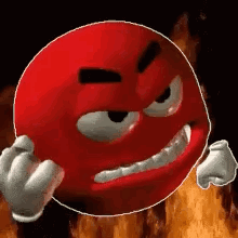 A red angry emoji character scowls in front of flames.