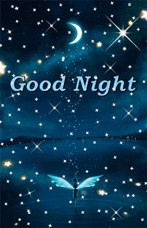 A starry blue night sky reads “Good Night” over a crescent moon.