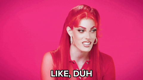 a woman with red hair says " like duh " on a pink background