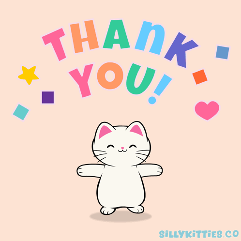 A smiling cartoon cat spreads its arms beneath colorful “THANK YOU!” text.
