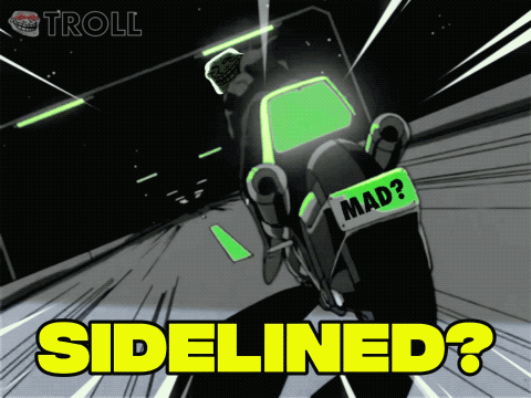 a cartoon of a man riding a motorcycle with the words sidelined on the bottom