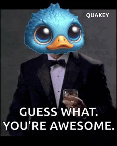 a man in a tuxedo is holding a glass of whiskey and says quakey