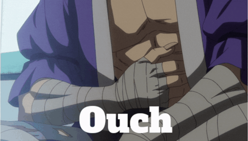 a picture of a man with bandages on his wrists and the word ouch on the bottom
