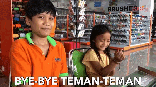 a boy and a girl in a store with the words bye-bye teman-teman