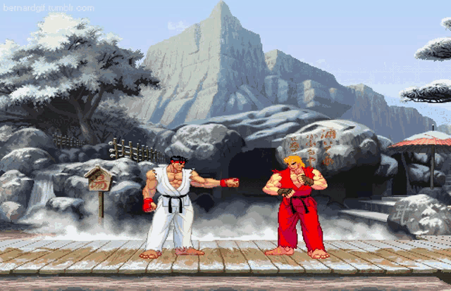 two karate fighters are standing on a wooden stage in front of mountains