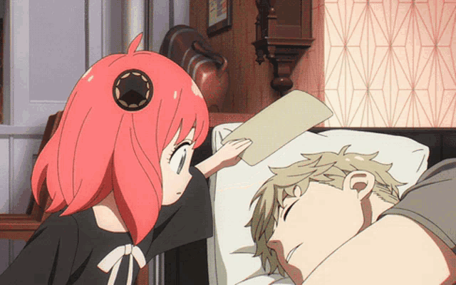 a girl with pink hair is standing next to a man in a bed
