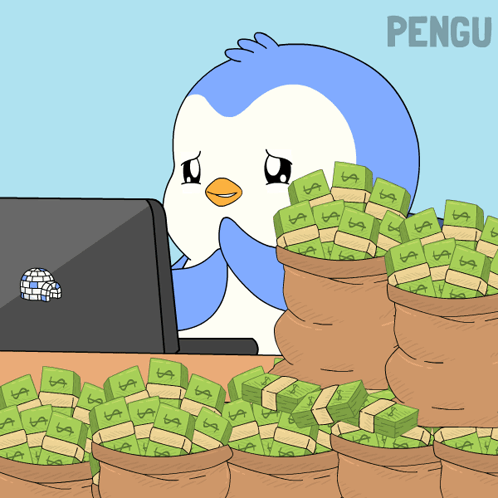 a cartoon of a penguin sitting in front of a computer surrounded by bags of money with the word pengu on the bottom