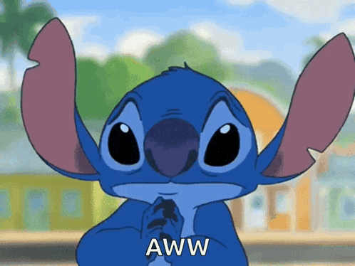Stitch looks sad with large glossy eyes beneath “AW.”
