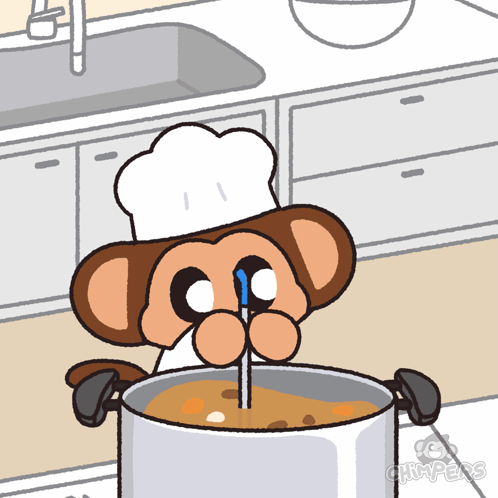 a monkey in a chef 's hat is stirring a pot of soup