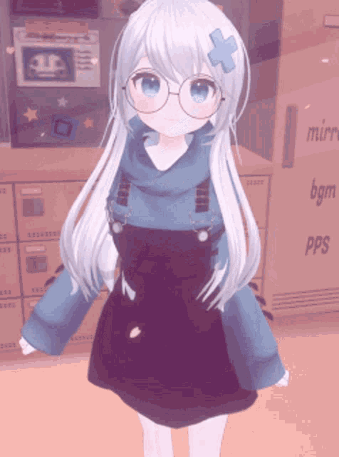 a girl with white hair and glasses is standing in front of a box that says bps on it