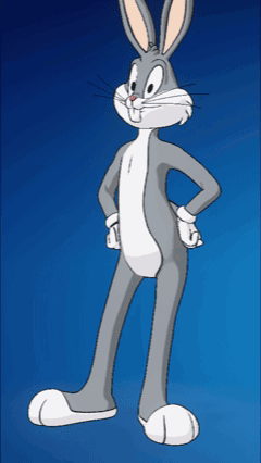 bugs bunny stands with his hands on his hips in front of a blue background