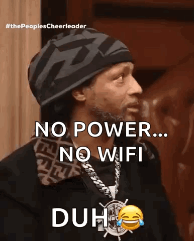 Katt Williams looks sideways in a vertical clip captioned “NO POWER... NO WIFI... DUH 😂”.