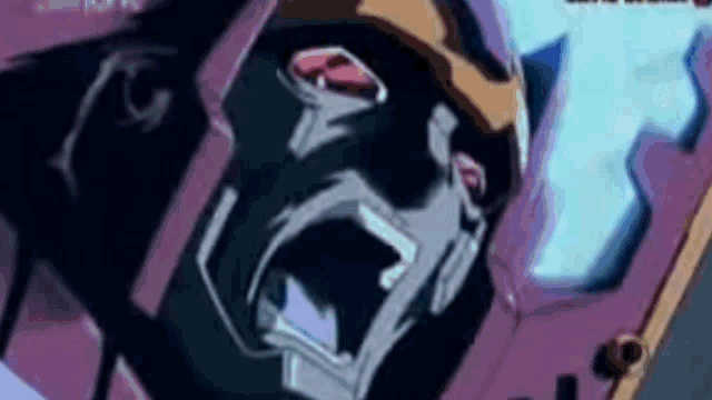 a close up of a cartoon character 's face with his mouth open .