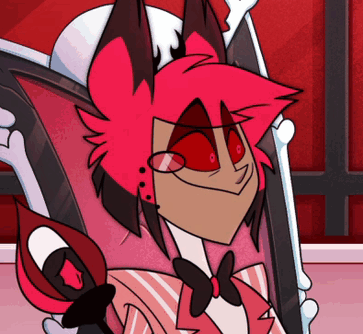 a cartoon character with red hair and red eyes is smiling