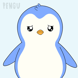 A blue penguin looks down sadly against a pale background.
