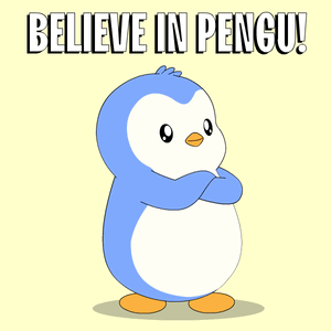 a cartoon penguin with the words believe in pengu on the bottom