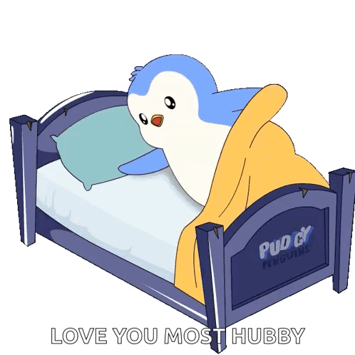 A blue cartoon penguin tucks a pink penguin into bed under “LOVE YOU MY SWEET HUBBY.”