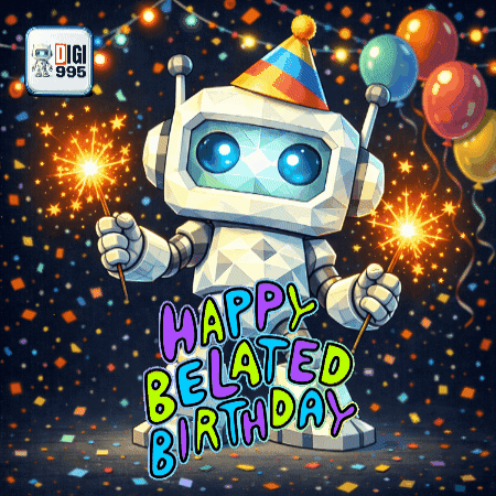 a robot holding balloons and sparklers with the words happy belated birthday