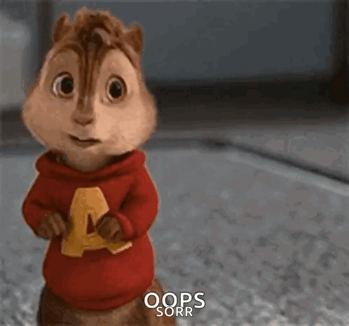 Alvin stands wide-eyed in a red hoodie with a small “OOPS” caption.
