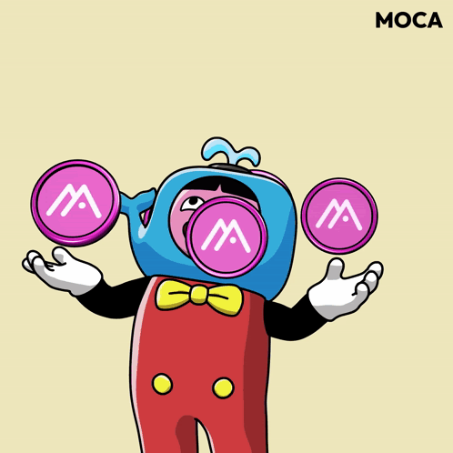 a cartoon character is juggling purple coins with the letter m.