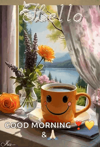 A smiling coffee cup sits by a window with a sunflower and “GOOD MORNING.”