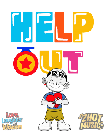 a cartoon character holding a heart in front of a help out logo