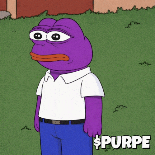 a cartoon of a purple frog with a white shirt and blue pants with the word purpe on the bottom