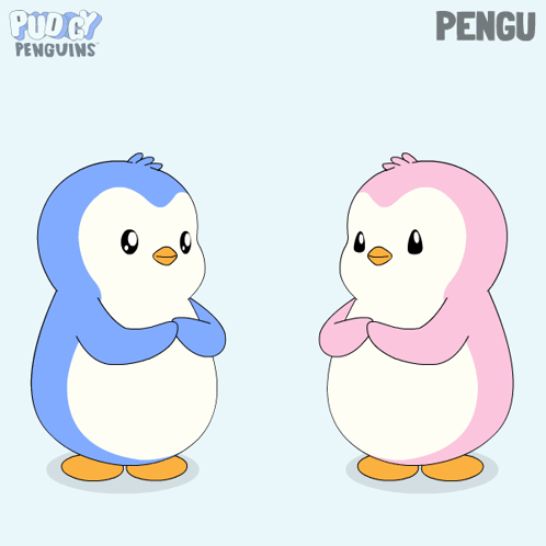 two penguins standing next to each other with a heart in the background and the word pengu on the bottom right