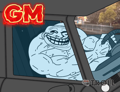 a cartoon of a troll driving a car with gm written on it