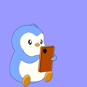 A blue penguin holds an orange phone and looks at its screen.