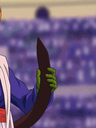 a cartoon character is holding a purple object